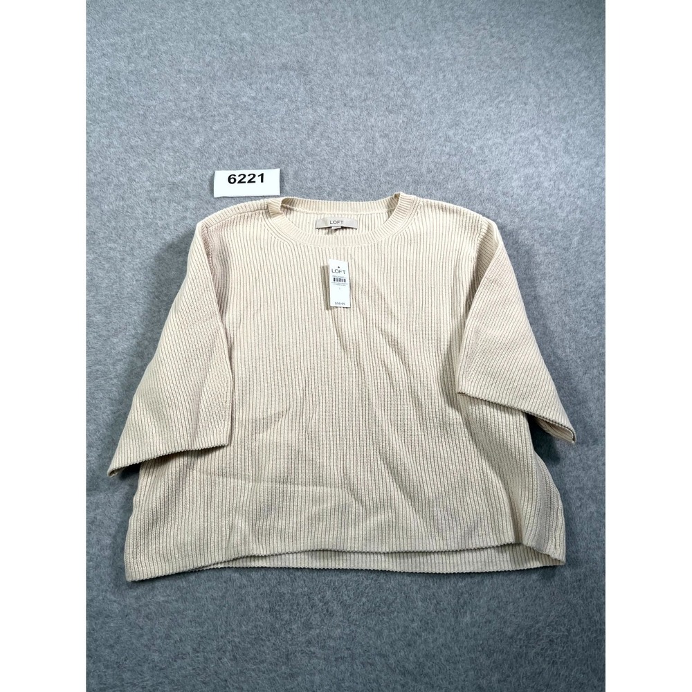 LOFT Sweater Womens Large Beige Cotton Tight Knit Ribbed Crew Neck Casual